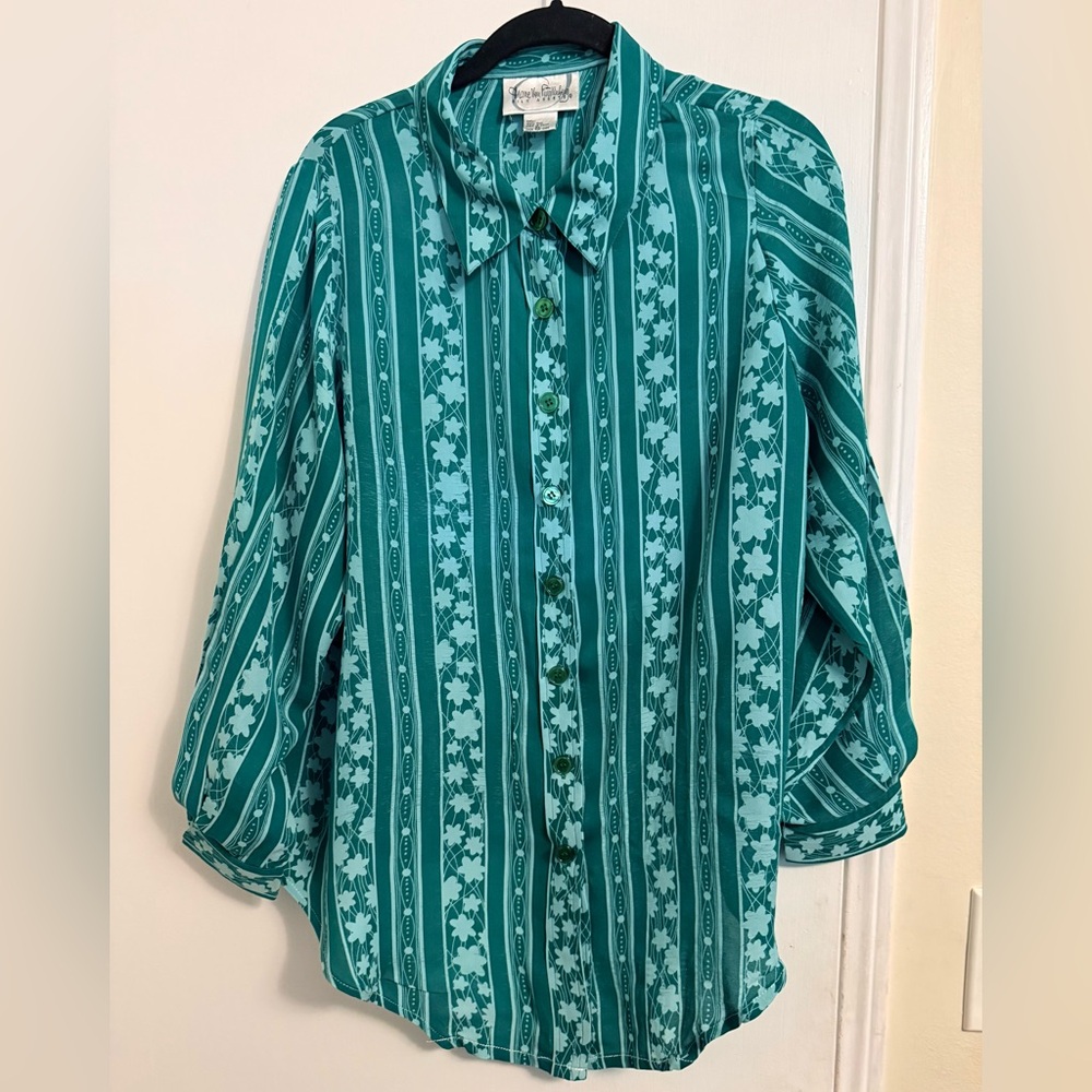 Diane Von Furstenberg Teal and White Printed Silk Top